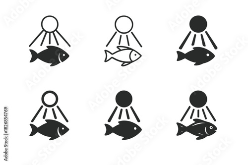 Moonlit Marine Logos. Marine life under moonlit waters. Icon set. Set Logo of marine life under moonlit waters: serene ocean wave under moon. harmonious logo