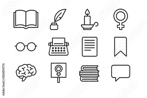Feminist Literature Icons. Feminist literature. Line icon set of feminist literature: open book, quill pen, candle, Venus symbol, reading glasses, typewriter,
