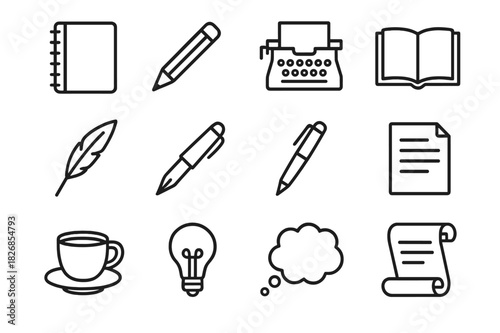 Storytelling Icon Set. Storytelling Tools. Line icon set of Storytelling Tools: notebook, pencil, typewriter, open book, quill, ink bottle, pen, paper sheet,