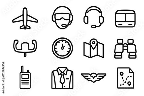 Pilot Icon Set. Pilot. Line icon set of Pilot: airplane, pilot helmet, headset, cockpit, control yoke, altimeter, map, binoculars, radio, uniform, wings badge,