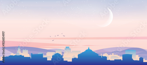 Panoramic poster of the city skyline with misty background buildings, hills sunrise, sunset and clouds of MEXICO CITY, MEXICO