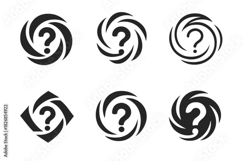 Unpredictable Events Logos. Unpredictable events. Icon set. Set Logo of unpredictable events: Question mark in chaos swirl. harmonious logo variations of the