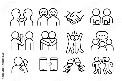 Social Activities Icons. Social activities. Line icon set of social activities: talking, laughing, handshake, eating together, taking photo, hugging,