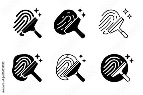 Fingerprint Cleaning Logos. Wiping fingerprints off glass. Icon set. Set Logo of wiping fingerprints off glass: squeegee gliding across transparent surface.