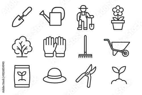Gardening Icons Collection. Gardening Activities. Line icon set of Gardening Activities: trowel, watering can, gardener with shovel, flower pot, shrub, gloves,