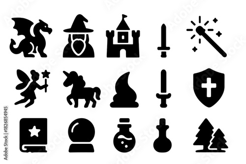 Fantasy Icon Set. Fantasy. Solid icon set of dragon, wizard, castle, magic wand, fairy, unicorn, sword, shield, spell book, crystal ball, potion, enchanted