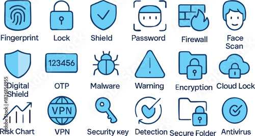 Cyber Security Icons: A collection of concise, modern icons related to digital security, covering a range of aspects of cybersecurity, including protection, access, and secure data storage.