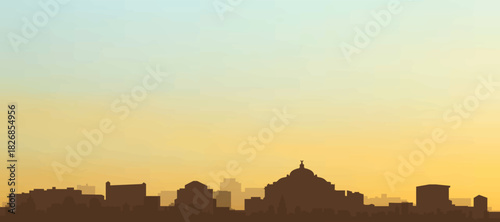 Panoramic poster of the city skyline with misty background buildings, hills sunrise, sunset and clouds of MEXICO CITY, MEXICO