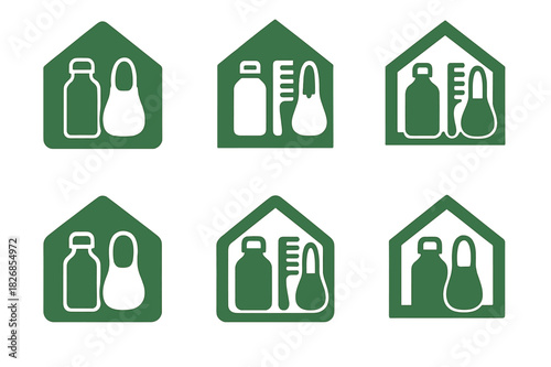 Eco-Friendly Logo Set. Sustainable home products. Icon set. Set Logo of eco home item: zero-waste starter kit. harmonious logo variations of the same