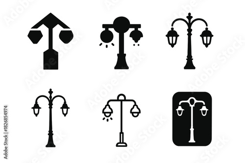 Streetlight Logo Variations. Streetlights at night. Icon set. Set Logo of streetlights: urban lamppost silhouette. harmonious logo variations of the same