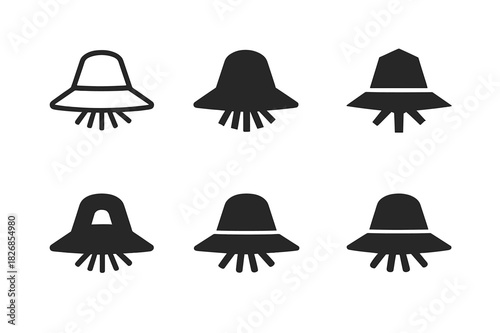 Scarecrow Hat Logos. Scarecrow Hat. Icon set. Set Logo of Scarecrow Hat: Woven Rim. harmonious logo variations of the same emblematic concept (Stylized detail,