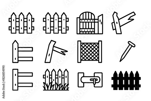 Old Fence Icons. Old Fence. Line icon set of Old Fence: wooden fence, broken plank, gate, post, wire mesh, leaning post, rusty nail, fence corner, overgrown