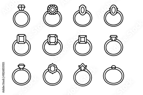 Engagement Ring Icon Set. Engagement rings. Line icon set of engagement rings: solitaire diamond, halo diamond, three-stone, oval gem, cushion gem, emerald