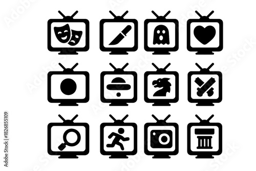 TV Genre Icons. TV genres. Solid icon set of TV genres: drama, comedy, thriller, horror, romance, sci-fi, fantasy, crime, mystery, action, documentary,