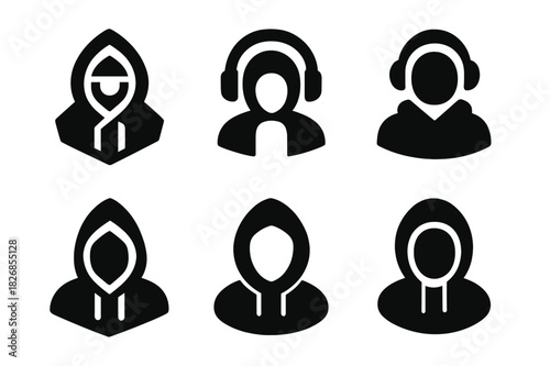 Hoodie Logo Variations. Wearing hoodie. Icon set. Set Logo of wearing hoodie: person with hoodie and headphones. harmonious logo variations of the same