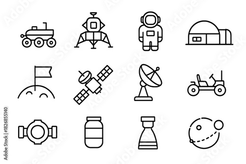 Lunar Transport Icons. Lunar transportation. Line icon set of lunar transportation: moon rover, lander module, astronaut, moon base, flag, satellite, control