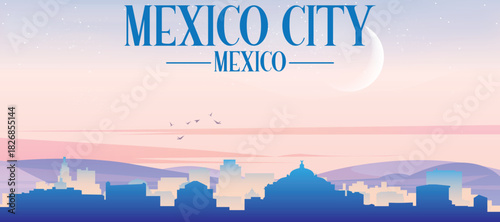 Panoramic poster of the city skyline with misty background buildings, hills sunrise, sunset and clouds of MEXICO CITY, MEXICO
