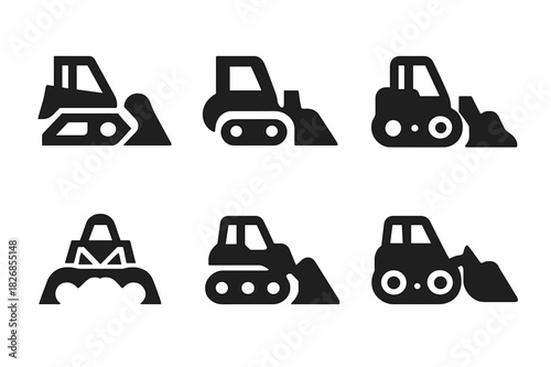Bulldozer Logo Variations. Bulldozer. Icon set. Set Logo of bulldozer: bulldozer pushing dirt. harmonious logo variations of the same emblematic concept