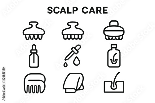 Scalp Care Tools. Scalp care. Line icon set of scalp care: scalp massager, shampoo brush, exfoliating brush, scalp serum, oil dropper, hair tonic, scalp comb,