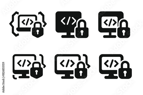 Secure Software Icons. Secure software development and coding practices. Icon set. Set Logo of secure software development and coding practices: secure API