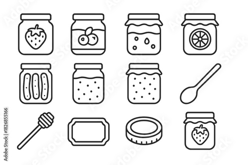 Jams & Preserves Icons. Jams & Preserves. Line icon set of Jams & Preserves: jar of strawberry jam, jar of blueberry jam, jar of honey, jar of marmalade, jar