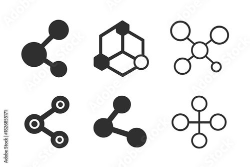 Molecule Logo Variations. Molecules. Icon set. Set Logo of molecules: chemical network diagram. harmonious logo variations of the same emblematic concept, each