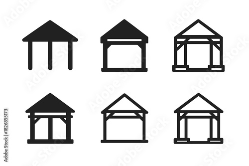 Urban Pavilion Logos. Urban pavilion. Icon set. Set Logo of urban pavilion: wooden frame pavilion. harmonious logo variations of the same emblematic concept,