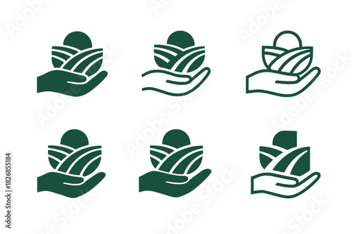 Landowner Logo Variations. Landowner. Icon set. Set Logo of landowner: hand holding farmland. harmonious logo variations of the same emblematic concept, each