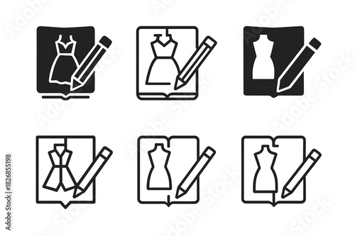 Custom Fashion Logos. Personalized fashion and custom clothing. Icon set. Set Logo of personalized fashion and custom clothing: design sketchbook with clothing
