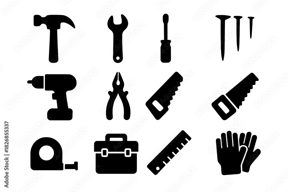 Obraz premium DIY Repair Tools. DIY home repair. Solid icon set of DIY home repair: hammer, wrench, screwdriver, nails, drill, pliers, saw, tape measure, toolbox, ruler,
