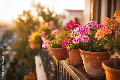 Colorful Flowers in Pots on a Balcony During Sunset in a Quiet Neighborhood