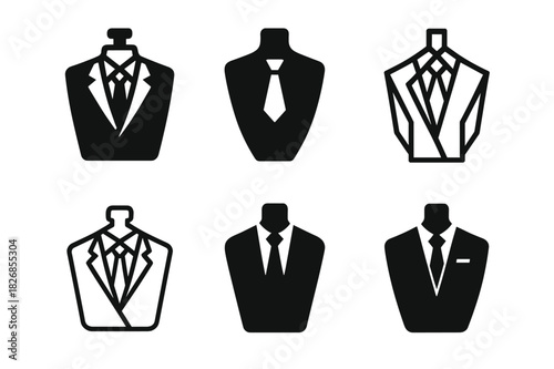 Suit Logo Collection. Wearing suit. Icon set. Set Logo of wearing suit: blazer and tie combination on mannequin torso. harmonious logo variations of the same