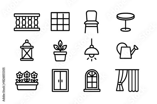 Balcony Line Art Icons. Balcony details. Line icon set of balcony details: railing, floor tiles, small chair, table, lantern, potted plant, hanging light,