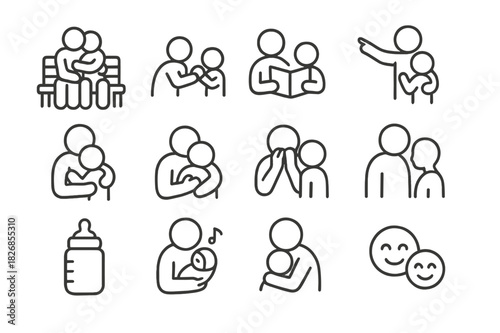 Parent-Child Icon Set. Parent-child bonding. Line icon set of parent-child bonding: hugging on bench, sharing snack, reading book, pointing at sky, cuddling,