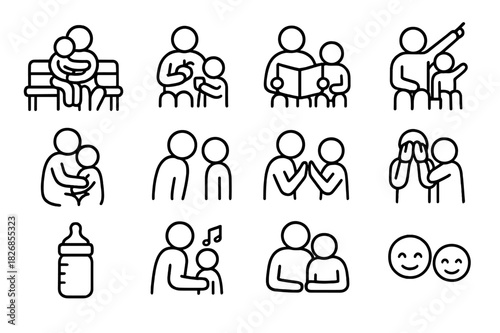 Parent-Child Icon Set. Parent-child bonding. Line icon set of parent-child bonding: hugging on bench, sharing snack, reading book, pointing at sky, cuddling,