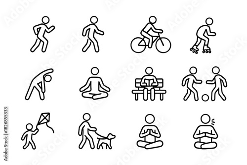 Park Activity Icons. Park activities. Line icon set of park activities: jogging, walking, cycling, roller skating, stretching, yoga, reading, sitting on bench,