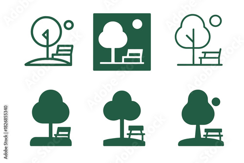 Park Logo Variations. Park. Icon set. Set Logo of park: nature and leisure symbol. harmonious logo variations of the same emblematic concept, each with