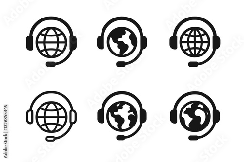 Global Meeting Logos. Virtual meetings with global team members. Icon set. Set Logo of virtual meeting: headset and earth symbol. harmonious logo variations of