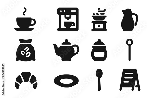 Coffee Shop Icons. Coffee shop essentials. Solid icon set of coffee shop essentials: coffee cup, espresso machine, grinder, milk jug, beans sack, teapot, sugar