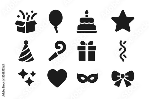 Party Icons Collection. Surprise party. Solid icon set of surprise party: box with confetti, balloon, cake, star, hat, horn, gift, streamer, sparkles, heart,