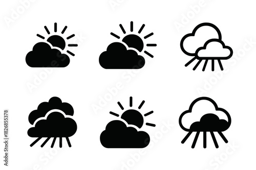 Sunbeam Logo Variations. Light through clouds. Icon set. Set Logo of light through clouds: cloudy sky with sunbeams. harmonious logo variations of the same