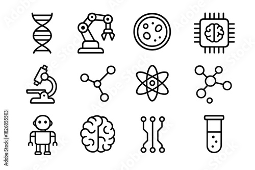 Bioengineering and AI Icons. Bioengineering and AI. Line icon set of bioengineering and AI: DNA strand, robotic arm, petri dish, neural chip, microscope, data