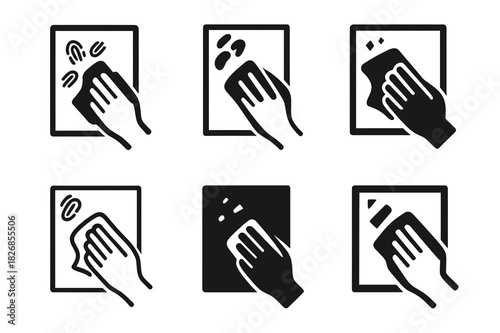 Fingerprint Cleaning Icons. Wiping fingerprints off glass. Icon set. Set Logo of wiping fingerprints off glass: window edge with corner being polished.