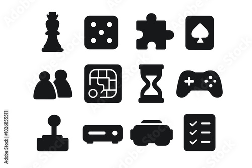 Board Game Icons. Board Games. Solid icon set of chess piece, dice, puzzle piece, playing card, tokens, board game, timer, game controller, joystick, console,