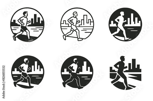 Jogging Logo Variations. A person jogging along the waterfront in the city, enjoying the view of the skyline. Icon set. Set Logo of a person jogging along the
