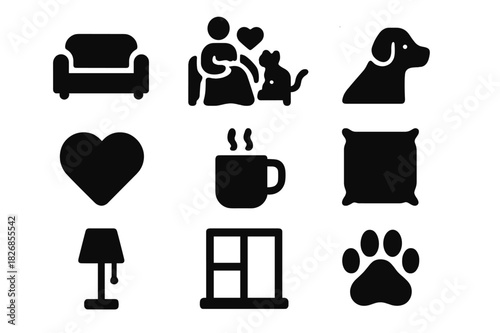 Pet Relaxation Icons. Relaxing with pets. Solid icon set of relaxing with pets: couch, person, cat, dog, heart, blanket, coffee mug, cushion, lamp, window, paw