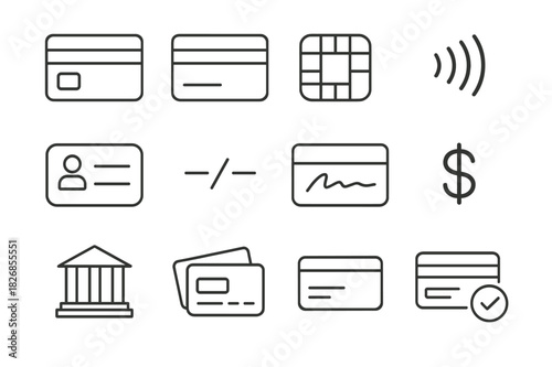 Credit Card Icons. Credit Card Payments. Line icon set of Credit Card Payments: credit card front, chip, credit card back, magnetic stripe, contactless payment