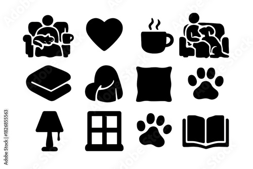 Pet Relaxation Icons. Relaxing with pets. Solid icon set of relaxing with pets: couch, person, cat, dog, heart, blanket, coffee mug, cushion, lamp, window, paw