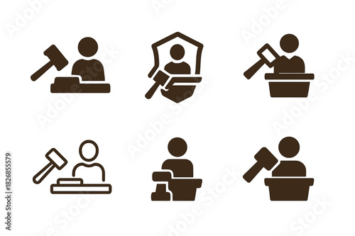 Courtroom Logo Variations. Courtroom scene with defendant. Icon set. Set Logo of courtroom: judge?s gavel and defendant figure. harmonious logo variations of
