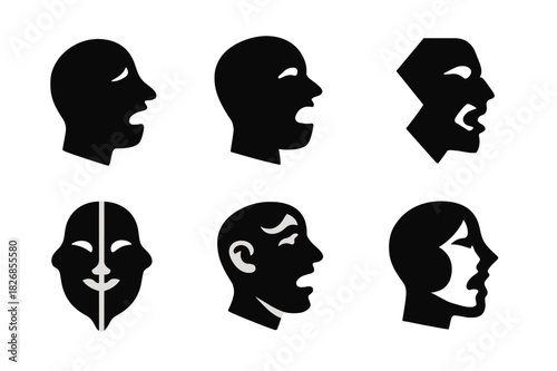 Expressive Face Logos. Monologues. Icon set. Set Logo of monologues: expressive face profile. harmonious logo variations of the same emblematic concept, each